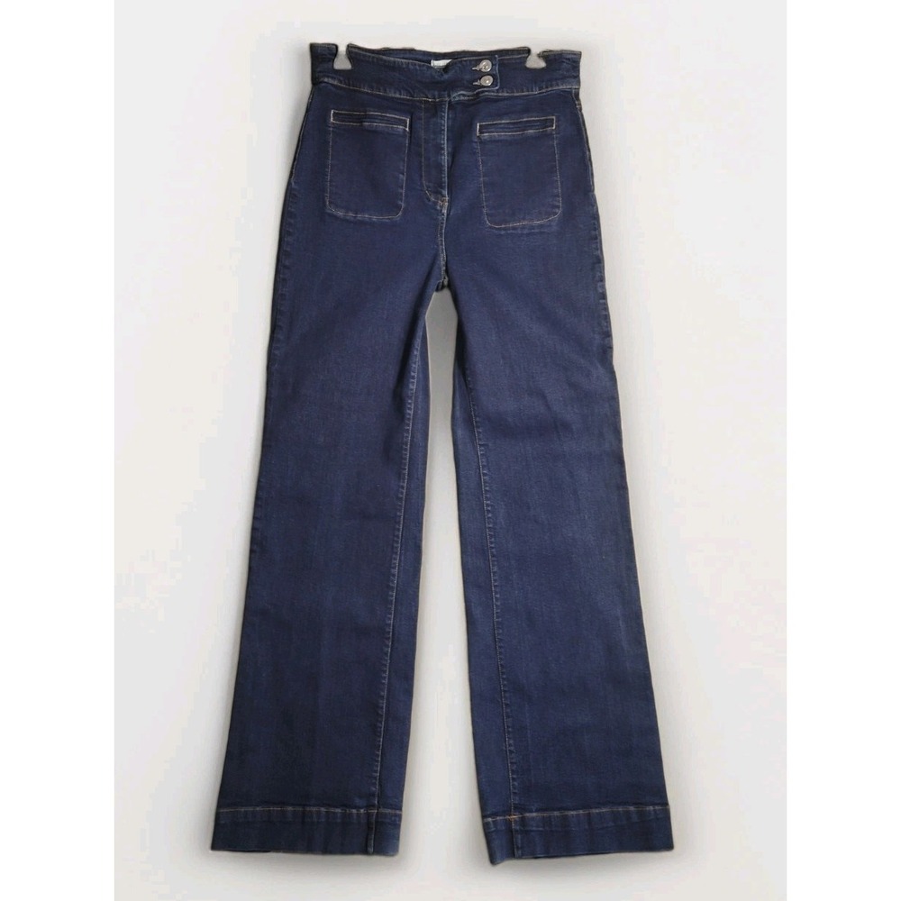 Avec Les Filles Womens 30 High Waist Wide Leg Jeans Dark Blue Denim Patch Pocket